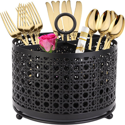 360° Rotating Utensil Caddy With Handle, Cutlery Silverware Caddy Holder Flatware Organizer with 4 Compartment For Kitchen Countertop Party Office Black