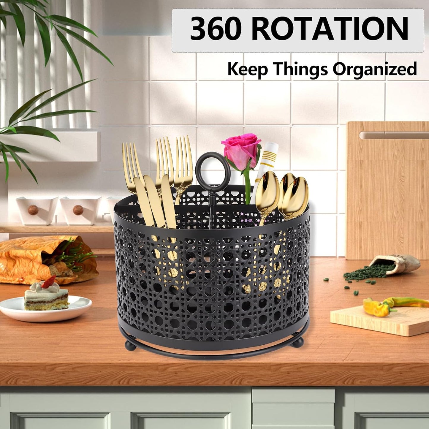 360° Rotating Utensil Caddy With Handle, Cutlery Silverware Caddy Holder Flatware Organizer with 4 Compartment For Kitchen Countertop Party Office Black