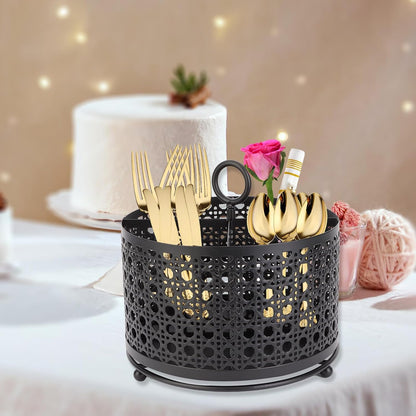 360° Rotating Utensil Caddy With Handle, Cutlery Silverware Caddy Holder Flatware Organizer with 4 Compartment For Kitchen Countertop Party Office Black