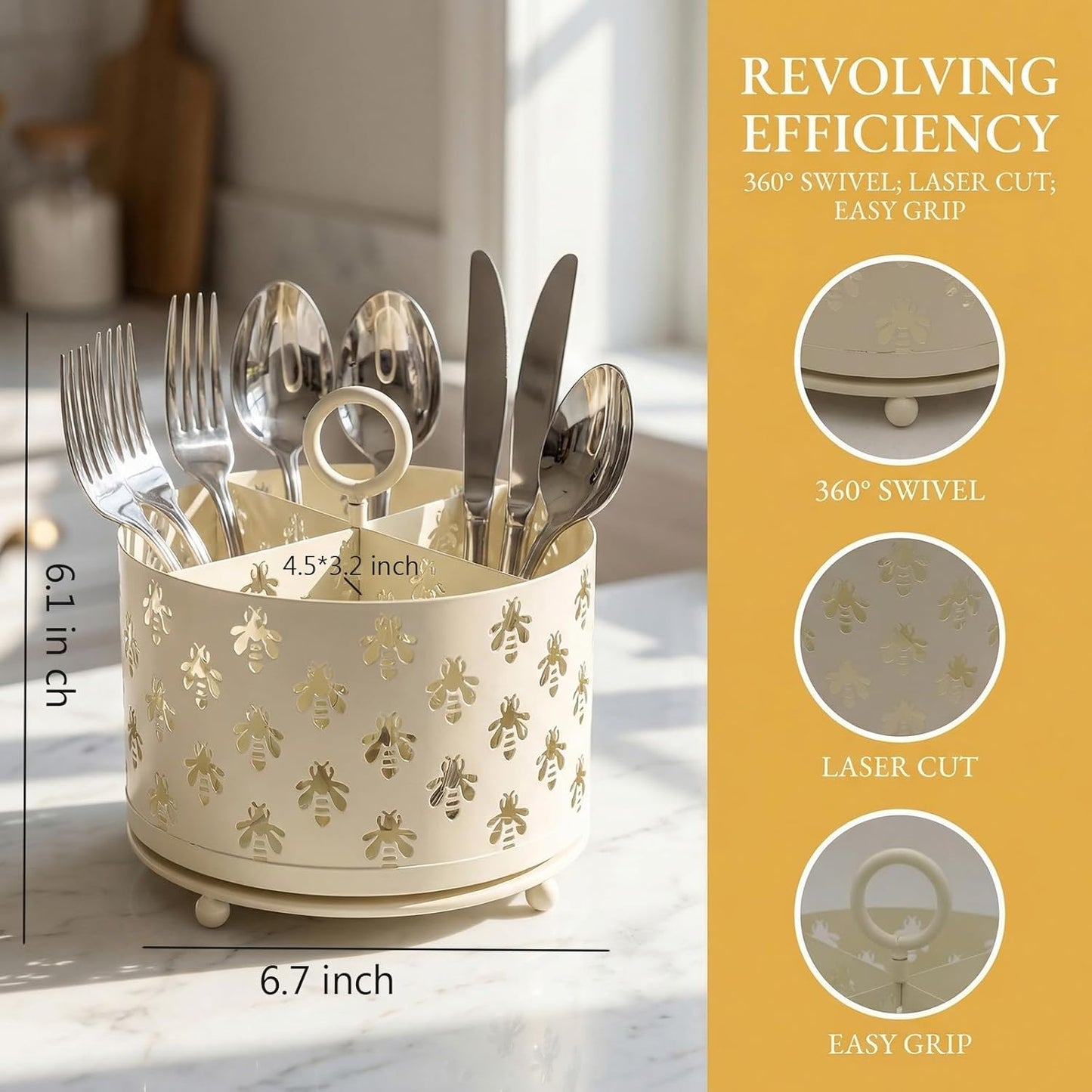 360° Rotating Utensil Caddy With Handle, Cutlery Silverware Caddy Holder Flatware Organizer with 4 Compartment For Kitchen Countertop Party Office Black