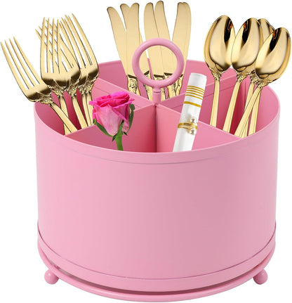 360° Rotating Utensil Caddy With Handle, Cutlery Silverware Caddy Holder Flatware Organizer with 4 Compartment For Kitchen Countertop Party Office Black