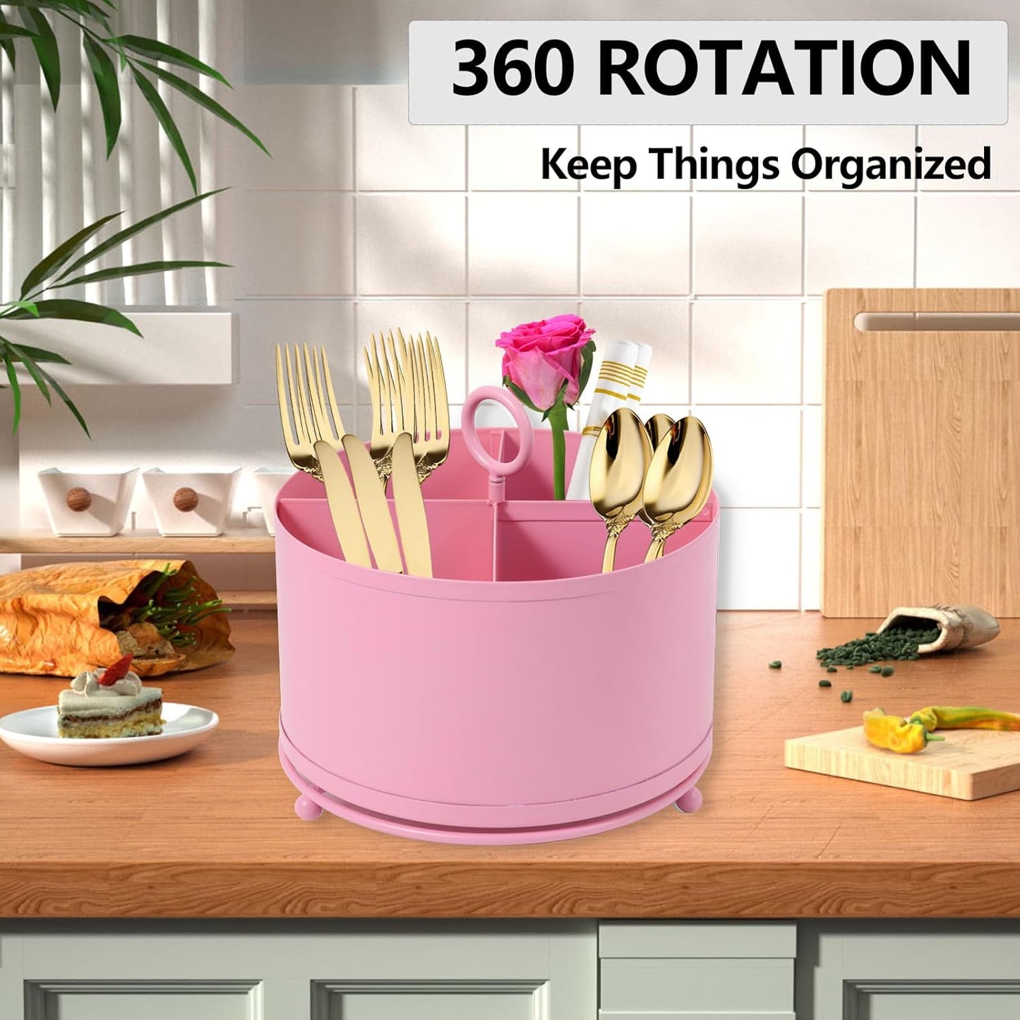 360° Rotating Utensil Caddy With Handle, Cutlery Silverware Caddy Holder Flatware Organizer with 4 Compartment For Kitchen Countertop Party Office Black