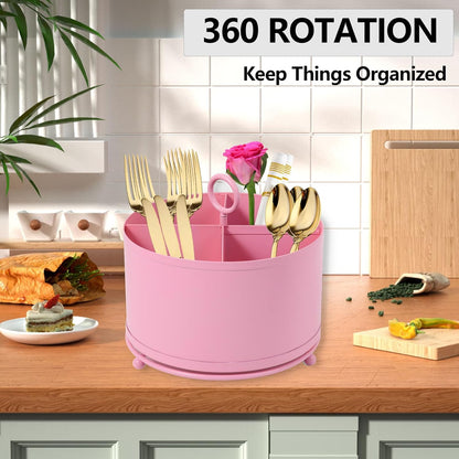 360° Rotating Utensil Caddy With Handle, Cutlery Silverware Caddy Holder Flatware Organizer with 4 Compartment For Kitchen Countertop Party Office Black