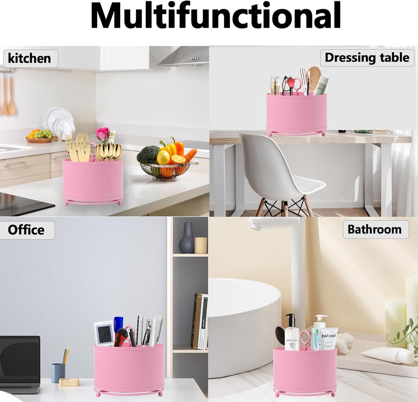360° Rotating Utensil Caddy With Handle, Cutlery Silverware Caddy Holder Flatware Organizer with 4 Compartment For Kitchen Countertop Party Office Black