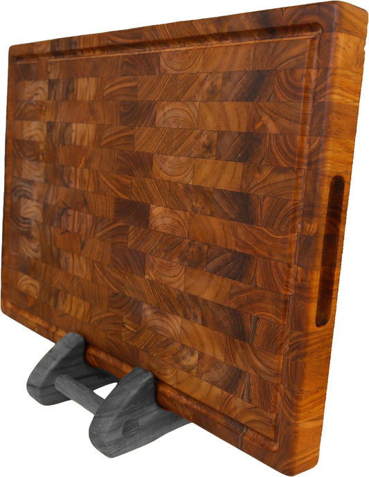 Teak End Grain Cutting Board - Large 17.7 x 11.8 x 1.2 Inch Handmade Butcher Block with Juice Groove & Hidden Handles - Knife-Friendly, Reversible Solid Wood Chopping Board