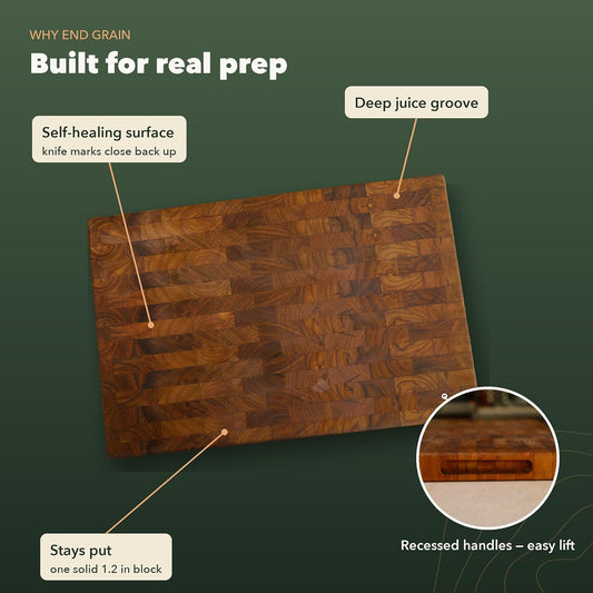 Teak End Grain Cutting Board - Large 17.7 x 11.8 x 1.2 Inch Handmade Butcher Block with Juice Groove & Hidden Handles - Knife-Friendly, Reversible Solid Wood Chopping Board