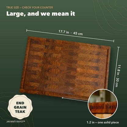 Teak End Grain Cutting Board - Large 17.7 x 11.8 x 1.2 Inch Handmade Butcher Block with Juice Groove & Hidden Handles - Knife-Friendly, Reversible Solid Wood Chopping Board