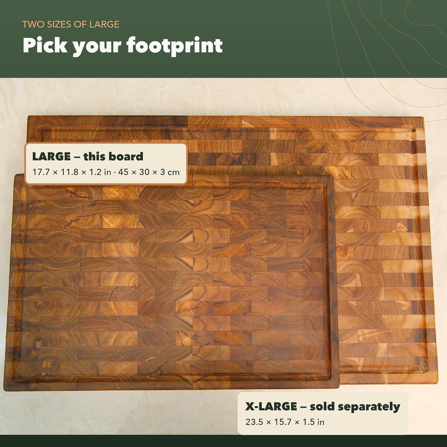 Teak End Grain Cutting Board - Large 17.7 x 11.8 x 1.2 Inch Handmade Butcher Block with Juice Groove & Hidden Handles - Knife-Friendly, Reversible Solid Wood Chopping Board