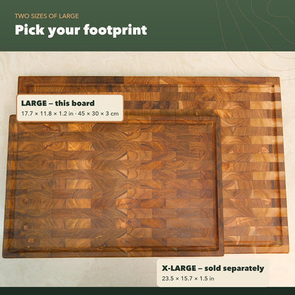 Teak End Grain Cutting Board - Large 17.7 x 11.8 x 1.2 Inch Handmade Butcher Block with Juice Groove & Hidden Handles - Knife-Friendly, Reversible Solid Wood Chopping Board