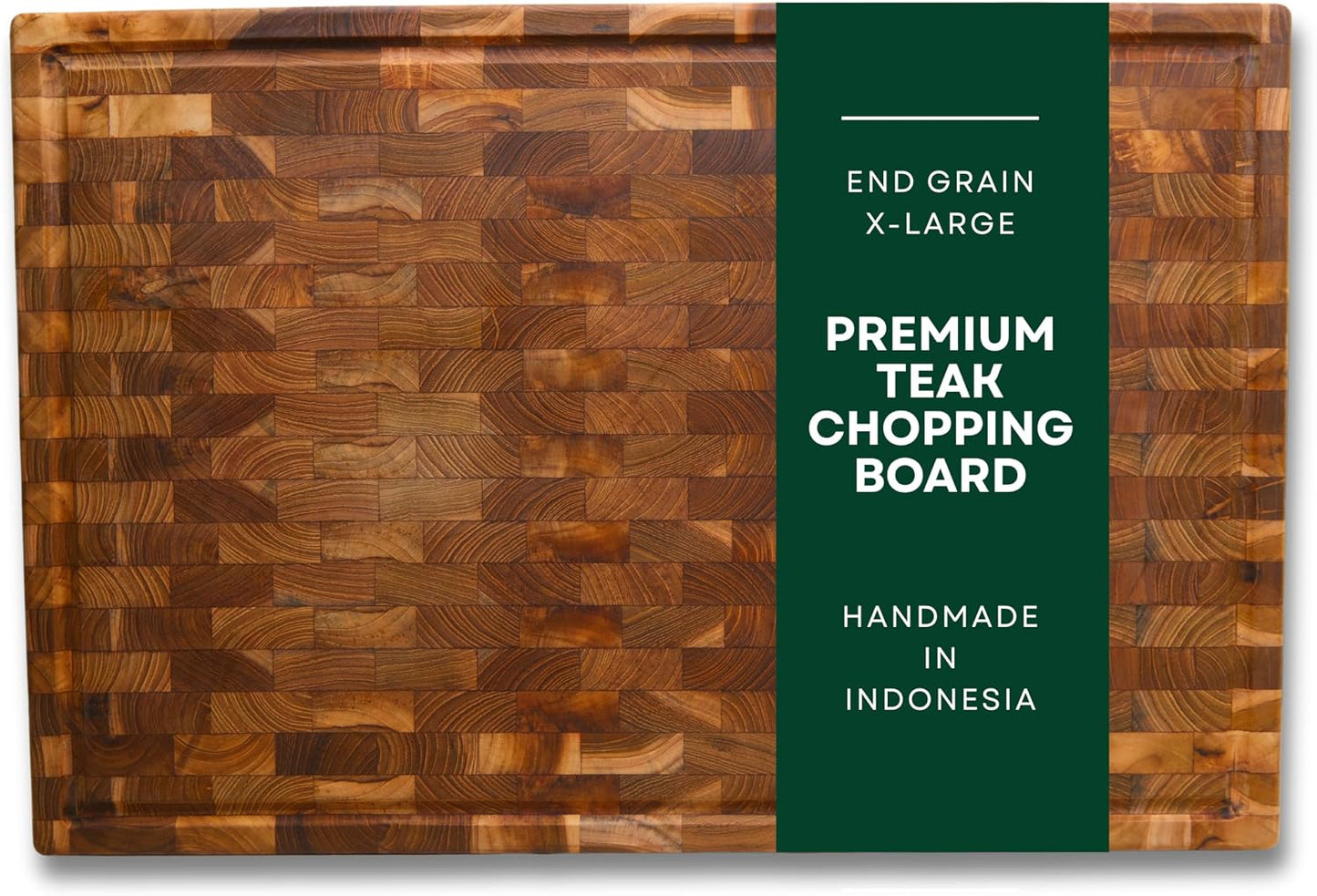 Teak End Grain Cutting Board - Large 17.7 x 11.8 x 1.2 Inch Handmade Butcher Block with Juice Groove & Hidden Handles - Knife-Friendly, Reversible Solid Wood Chopping Board