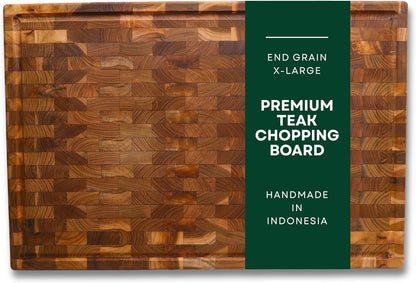 Teak End Grain Cutting Board - Large 17.7 x 11.8 x 1.2 Inch Handmade Butcher Block with Juice Groove & Hidden Handles - Knife-Friendly, Reversible Solid Wood Chopping Board