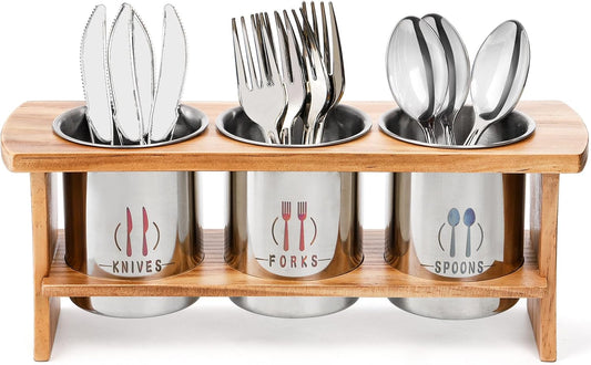 Silverware Holder for Countertop, Stainless Steel Cutlery Utensil Organizer with Bamboo Stand, Flatware Holder for Spoon, Fork, and Knife
