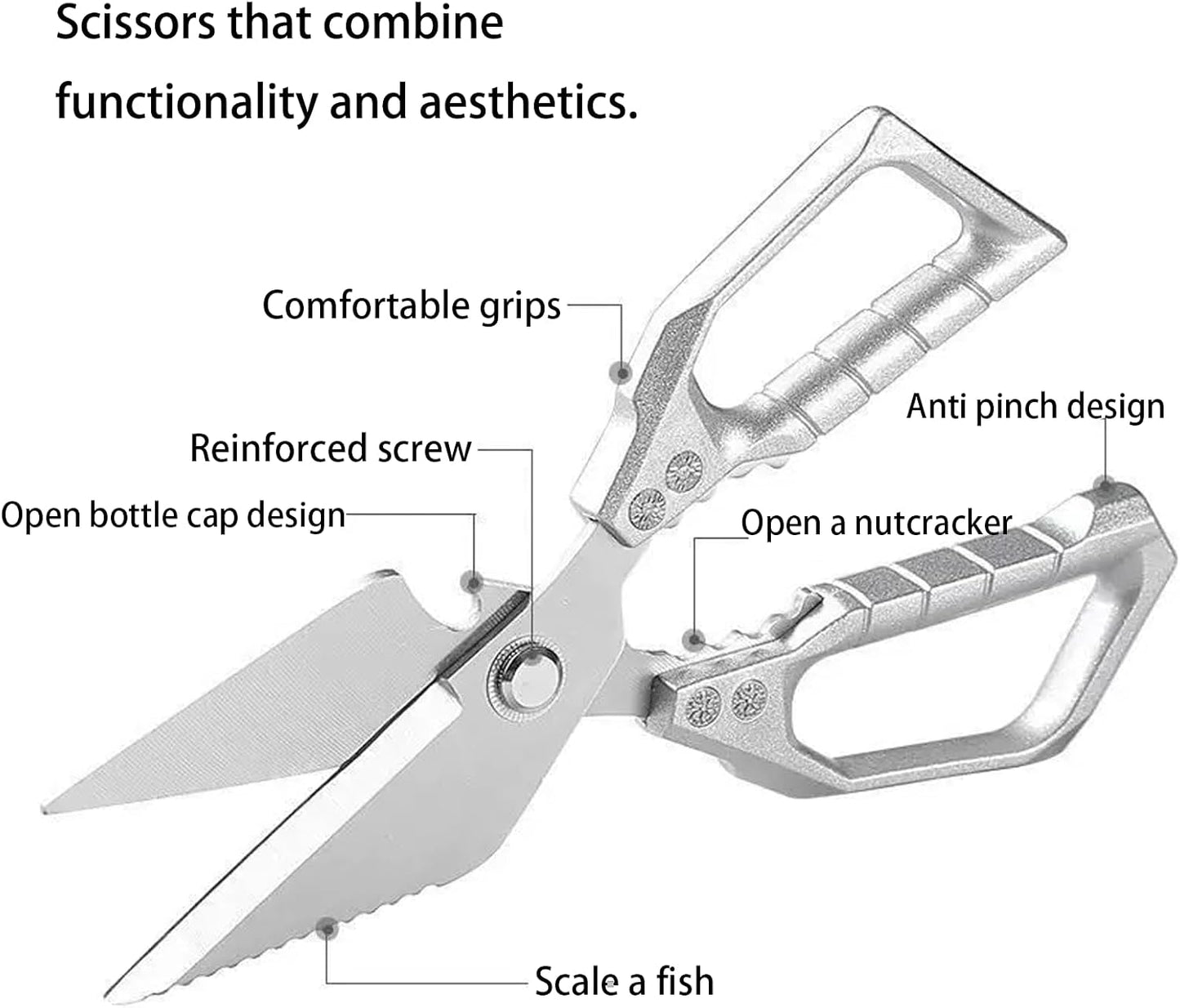 Heavy Duty All Purpose Kitchen Scissors Anti Slip Handle Meat Scissors | All Purpose Kitchen Meat Scissors with Bottle Opener & Nut Cutter, Dishwasher Safe for Poultry, BBQ & Restaurant Cooking