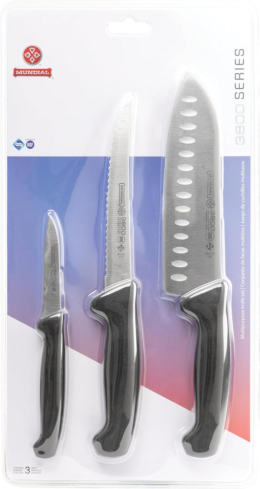 3800 Series 3-Piece Knife Set – 7" Santoku Knife with Granton Edge, 6" Serrated Utility & 3.25" Paring Knife – Stainless Steel Blades, Black Polypropylene Handles, NSF Certified
