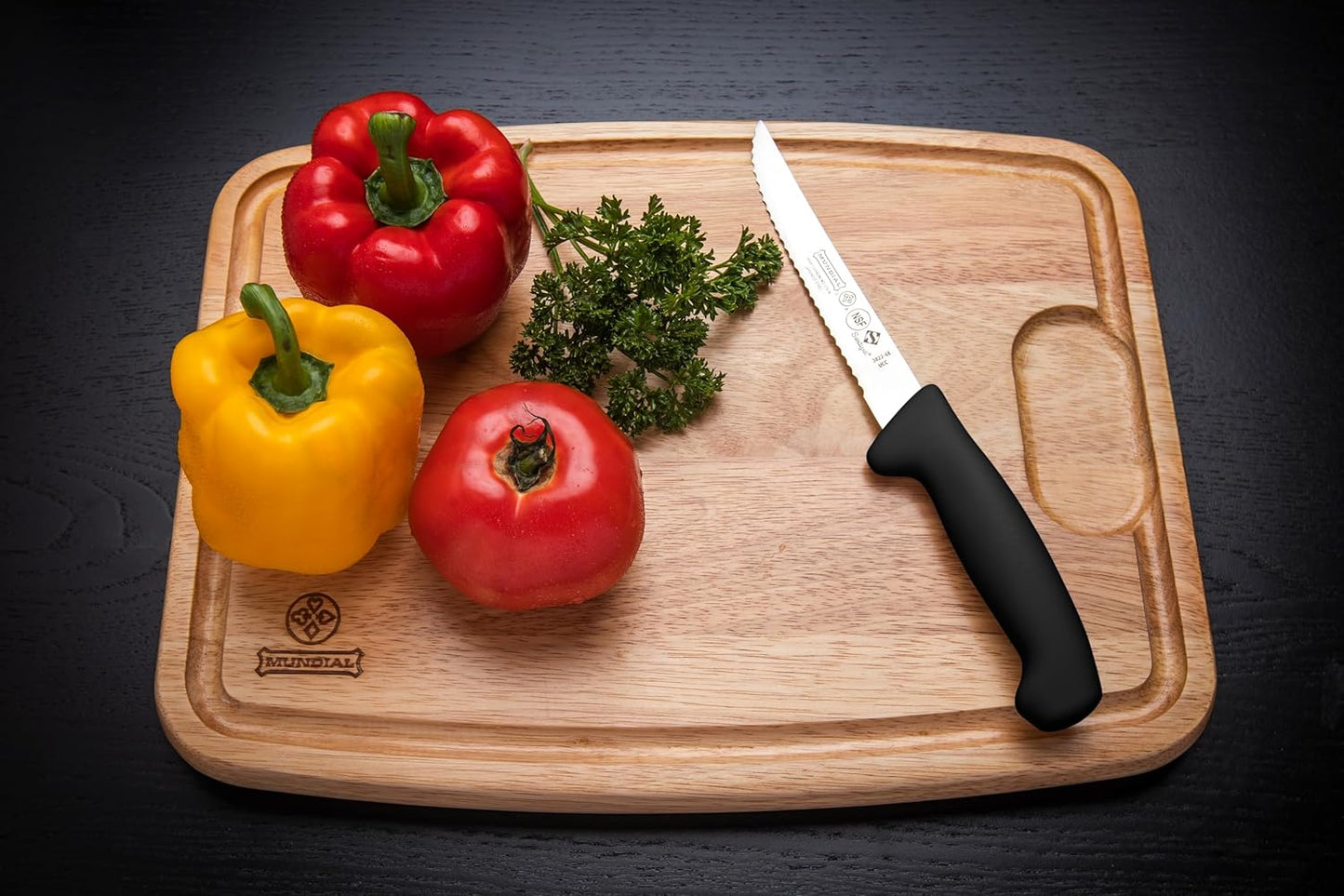3800 Series 3-Piece Knife Set – 7" Santoku Knife with Granton Edge, 6" Serrated Utility & 3.25" Paring Knife – Stainless Steel Blades, Black Polypropylene Handles, NSF Certified