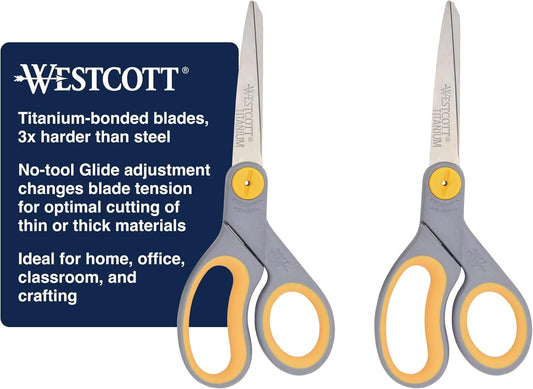 8” Titanium Bonded Scissors with Adjustable Glide and Soft Handle, 2-Pack- Durable Multipurpose Scissors for Office, Home, and School Use, Sharp Precision Blades for Everyday Cutting