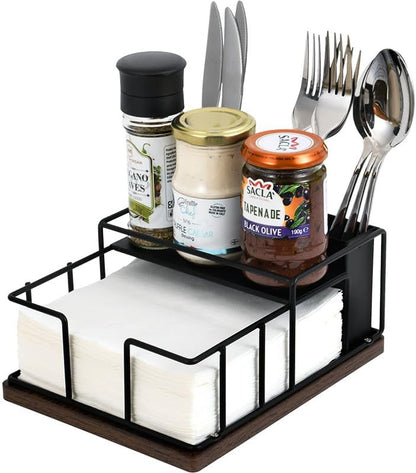 Napkin Holder for Table, Countertop Organizer - Flatware Holder for Forks, Spoons, Knives, Napkin Dispenser and Salt and Pepper Shakers Storage, Kitchen Cutlery Caddy for Dining Table, Buffet, Camping