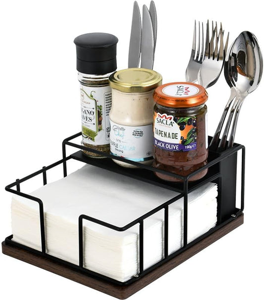 Napkin Holder for Table, Countertop Organizer - Flatware Holder for Forks, Spoons, Knives, Napkin Dispenser and Salt and Pepper Shakers Storage, Kitchen Cutlery Caddy for Dining Table, Buffet, Camping