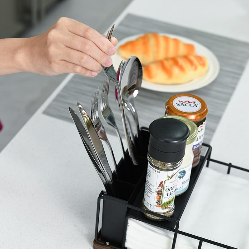 Napkin Holder for Table, Countertop Organizer - Flatware Holder for Forks, Spoons, Knives, Napkin Dispenser and Salt and Pepper Shakers Storage, Kitchen Cutlery Caddy for Dining Table, Buffet, Camping