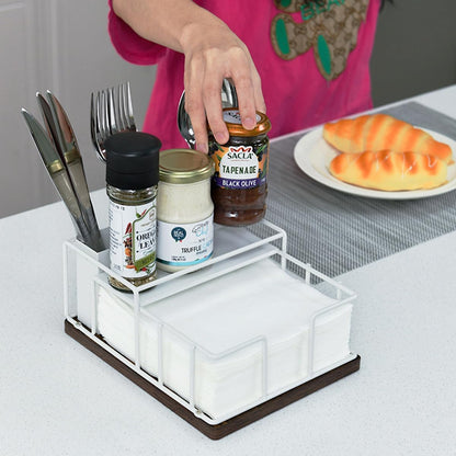 Napkin Holder for Table, Countertop Organizer - Flatware Holder for Forks, Spoons, Knives, Napkin Dispenser and Salt and Pepper Shakers Storage, Kitchen Cutlery Caddy for Dining Table, Buffet, Camping