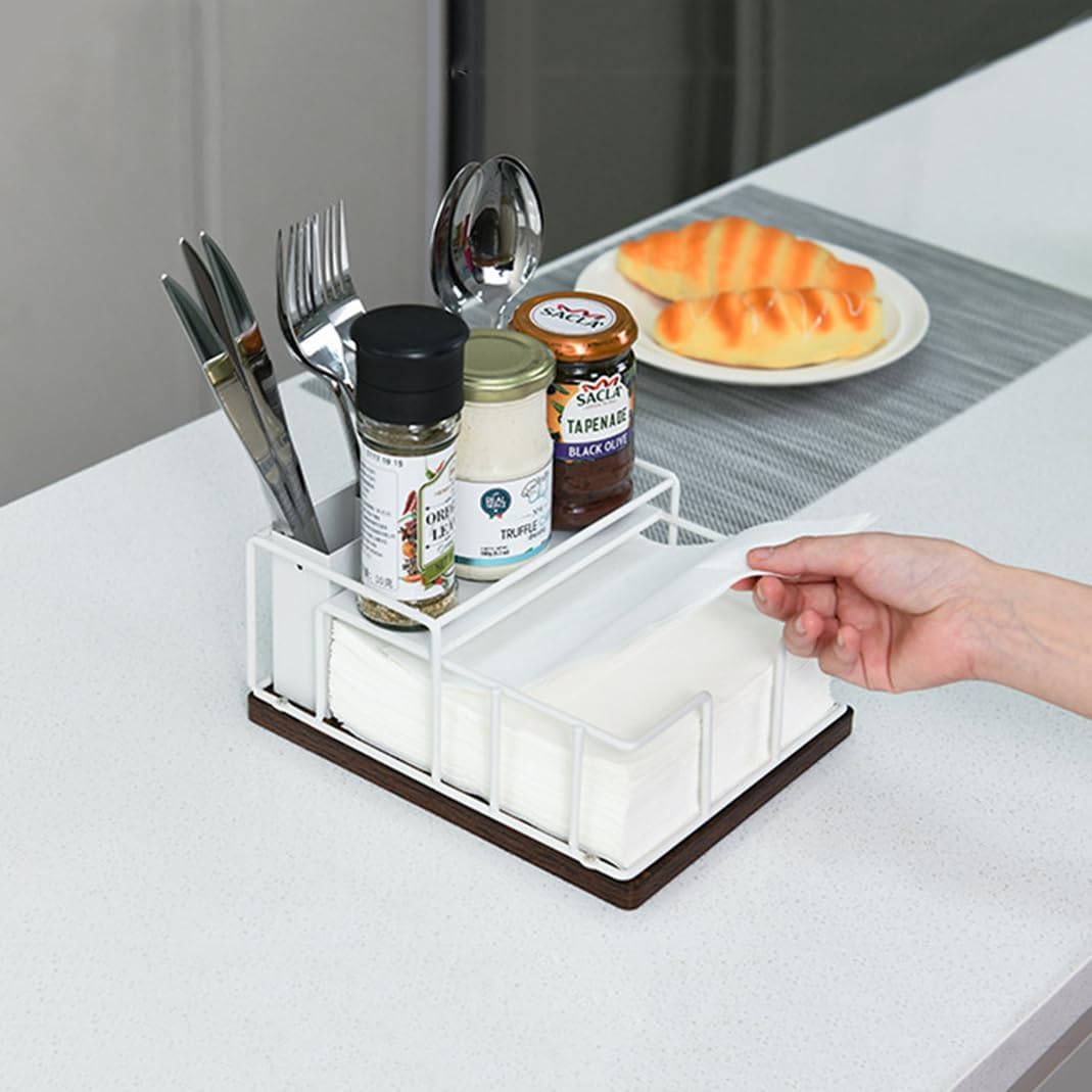 Napkin Holder for Table, Countertop Organizer - Flatware Holder for Forks, Spoons, Knives, Napkin Dispenser and Salt and Pepper Shakers Storage, Kitchen Cutlery Caddy for Dining Table, Buffet, Camping