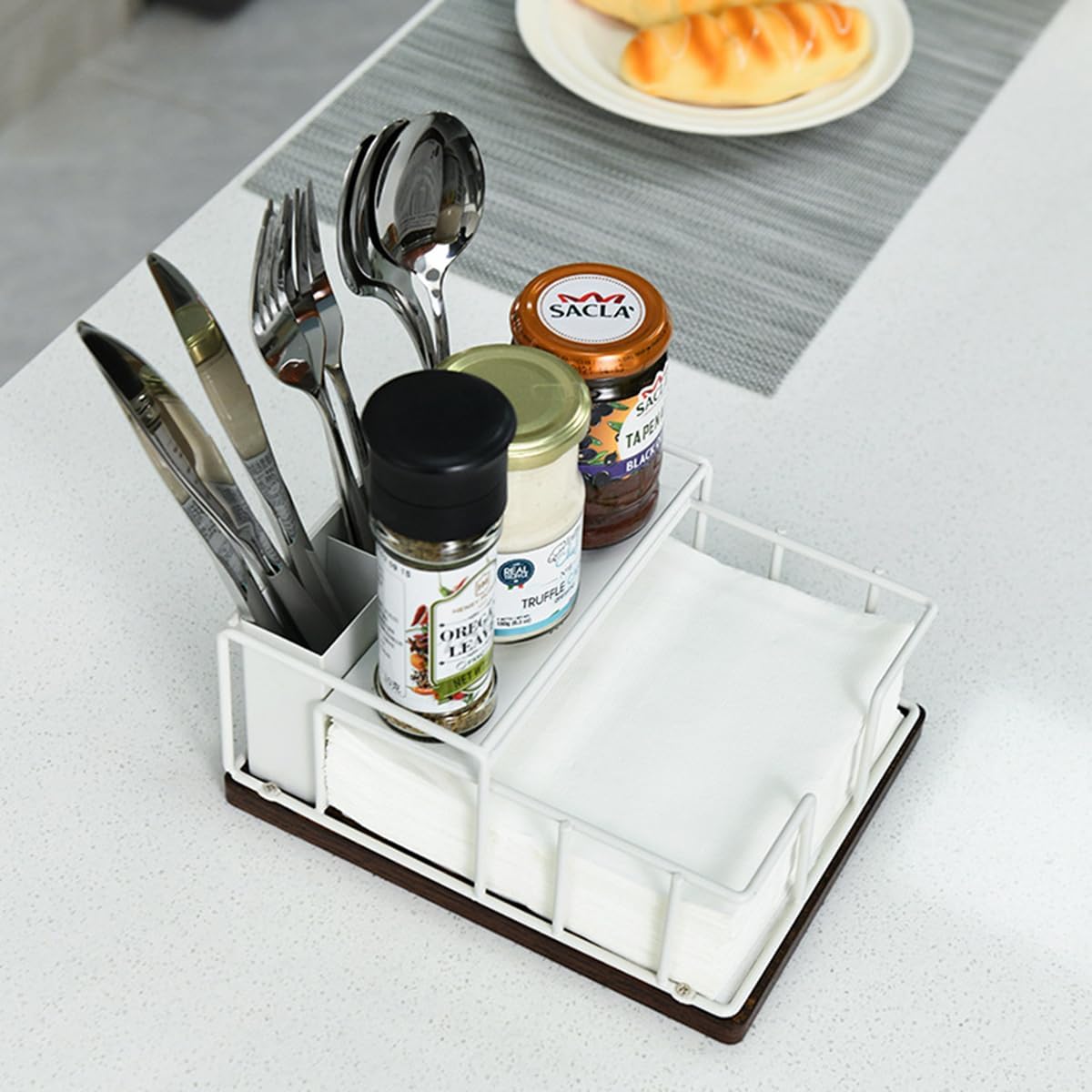 Napkin Holder for Table, Countertop Organizer - Flatware Holder for Forks, Spoons, Knives, Napkin Dispenser and Salt and Pepper Shakers Storage, Kitchen Cutlery Caddy for Dining Table, Buffet, Camping