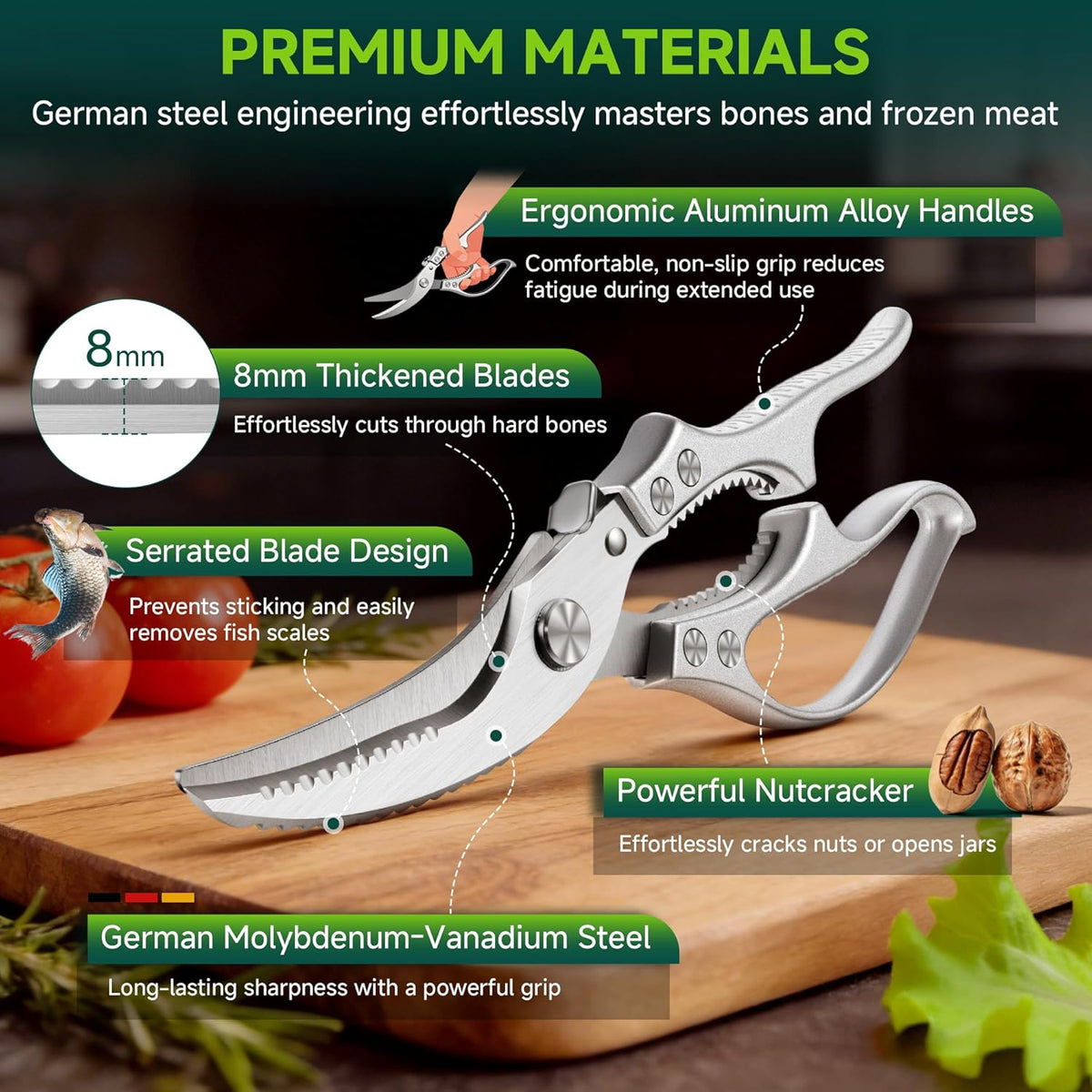 Heavy Duty Poultry Shears, Ultra Sharp Kitchen Scissors for Chicken Bone & Meat, Molybdenum-Vanadium Steel Shears with 4mm Thickened Blades, Professional Food Scissors, Dishwasher Safe