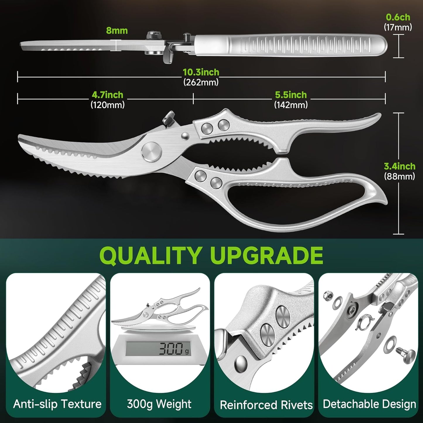 Heavy Duty Poultry Shears, Ultra Sharp Kitchen Scissors for Chicken Bone & Meat, Molybdenum-Vanadium Steel Shears with 4mm Thickened Blades, Professional Food Scissors, Dishwasher Safe