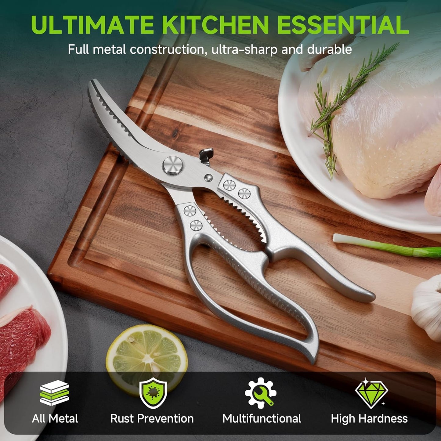 Heavy Duty Poultry Shears, Ultra Sharp Kitchen Scissors for Chicken Bone & Meat, Molybdenum-Vanadium Steel Shears with 4mm Thickened Blades, Professional Food Scissors, Dishwasher Safe