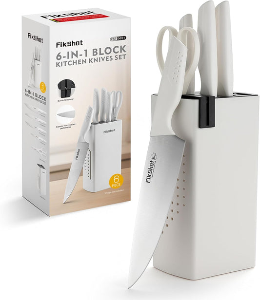 FIKSHOT 6-Piece Kitchen Knife Block Set, Apartment Essentials Knives | Built-In Sharpener, Dishwasher Safe, High Carbon Stainless Steel Blades, Rust-Resistant – Ideal College Student Gift, White