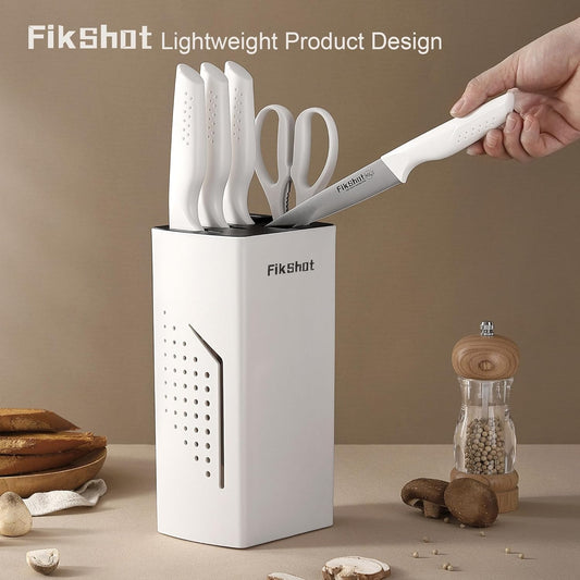 FIKSHOT 6-Piece Kitchen Knife Block Set, Apartment Essentials Knives | Built-In Sharpener, Dishwasher Safe, High Carbon Stainless Steel Blades, Rust-Resistant – Ideal College Student Gift, White