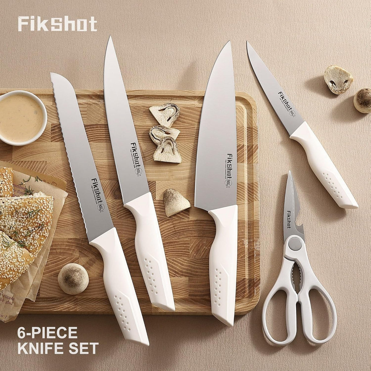 FIKSHOT 6-Piece Kitchen Knife Block Set, Apartment Essentials Knives | Built-In Sharpener, Dishwasher Safe, High Carbon Stainless Steel Blades, Rust-Resistant – Ideal College Student Gift, White