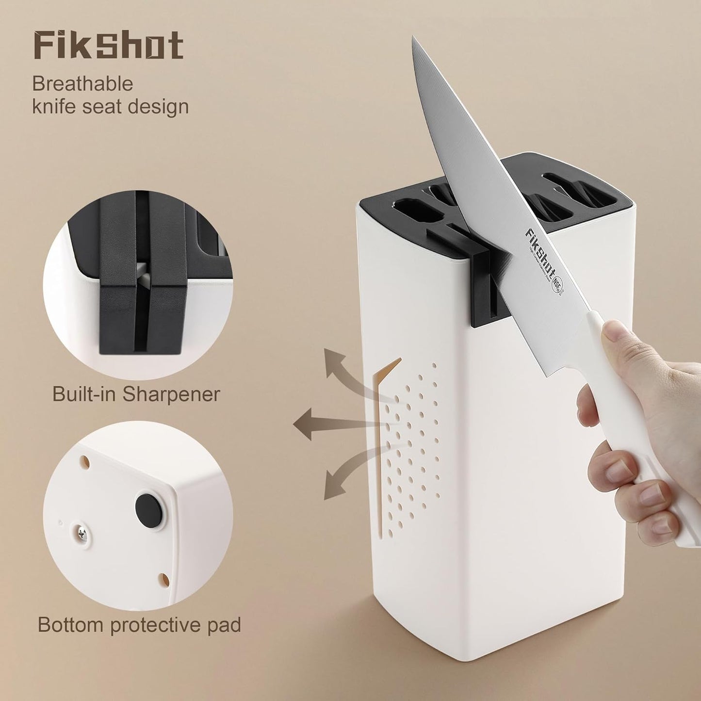 FIKSHOT 6-Piece Kitchen Knife Block Set, Apartment Essentials Knives | Built-In Sharpener, Dishwasher Safe, High Carbon Stainless Steel Blades, Rust-Resistant – Ideal College Student Gift, White