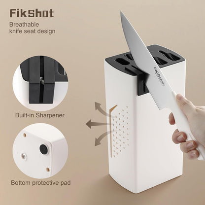 FIKSHOT 6-Piece Kitchen Knife Block Set, Apartment Essentials Knives | Built-In Sharpener, Dishwasher Safe, High Carbon Stainless Steel Blades, Rust-Resistant – Ideal College Student Gift, White