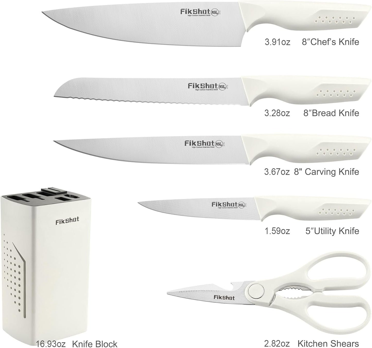 FIKSHOT 6-Piece Kitchen Knife Block Set, Apartment Essentials Knives | Built-In Sharpener, Dishwasher Safe, High Carbon Stainless Steel Blades, Rust-Resistant – Ideal College Student Gift, White