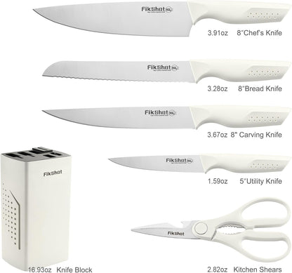 FIKSHOT 6-Piece Kitchen Knife Block Set, Apartment Essentials Knives | Built-In Sharpener, Dishwasher Safe, High Carbon Stainless Steel Blades, Rust-Resistant – Ideal College Student Gift, White
