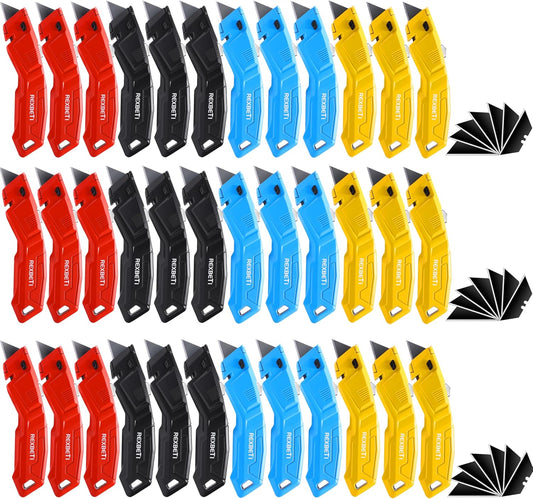36 Pack Utility Knife Retractable Box Cutter, 4 Color Heavy Duty Aluminum Shell Knife Sets with Extra 30pc SK2 Blades for Cartons, Cardboard and Boxes