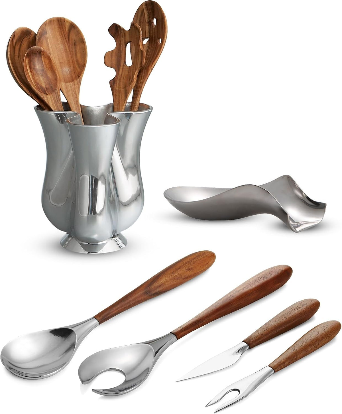 Curvo Cheese Set | Cheese Knife and Fork Utensil Set for Charcuterie Board | Made of Stainless Steel and Acacia Wood | Designed by Steve Cozzolino