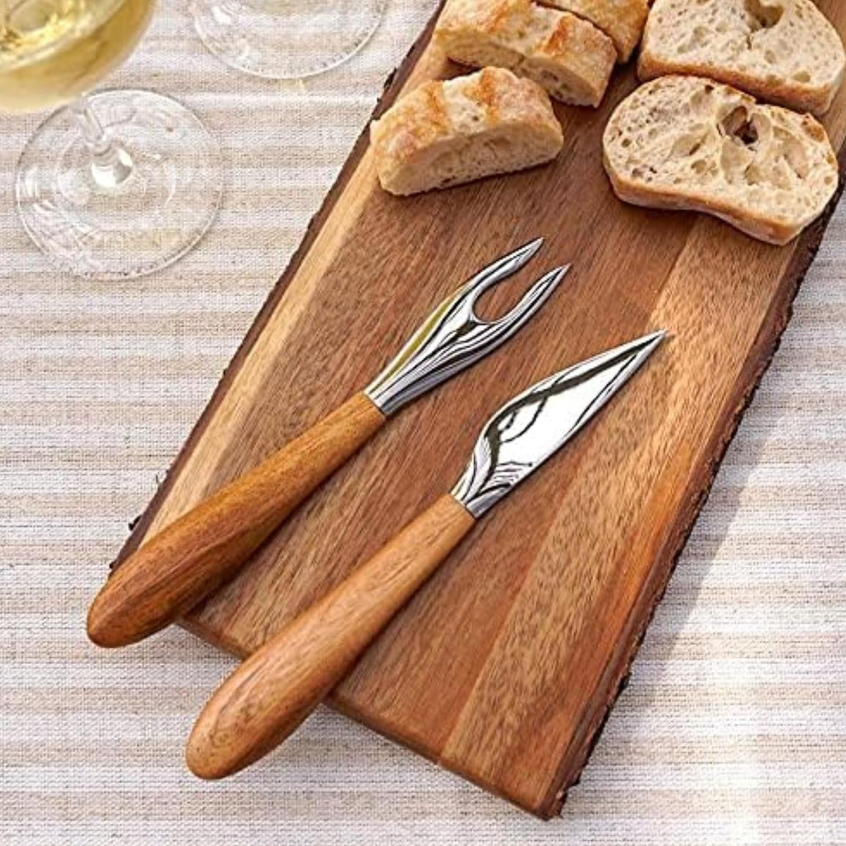 Curvo Cheese Set | Cheese Knife and Fork Utensil Set for Charcuterie Board | Made of Stainless Steel and Acacia Wood | Designed by Steve Cozzolino