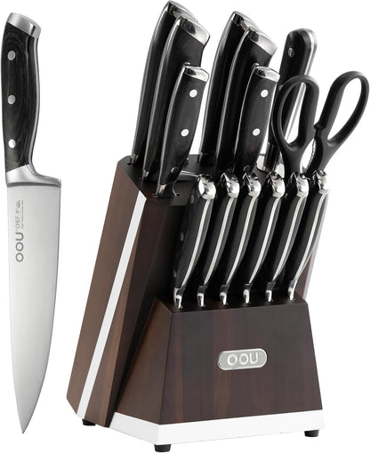 2025 Kitchen Knife Set with Block, 15-Piece German Stainless Steel Knife Blcok Set with Sharpening Rod, Ergonomic Wood Handle,Premium Razor-Sharp Knives Set for Kitchen