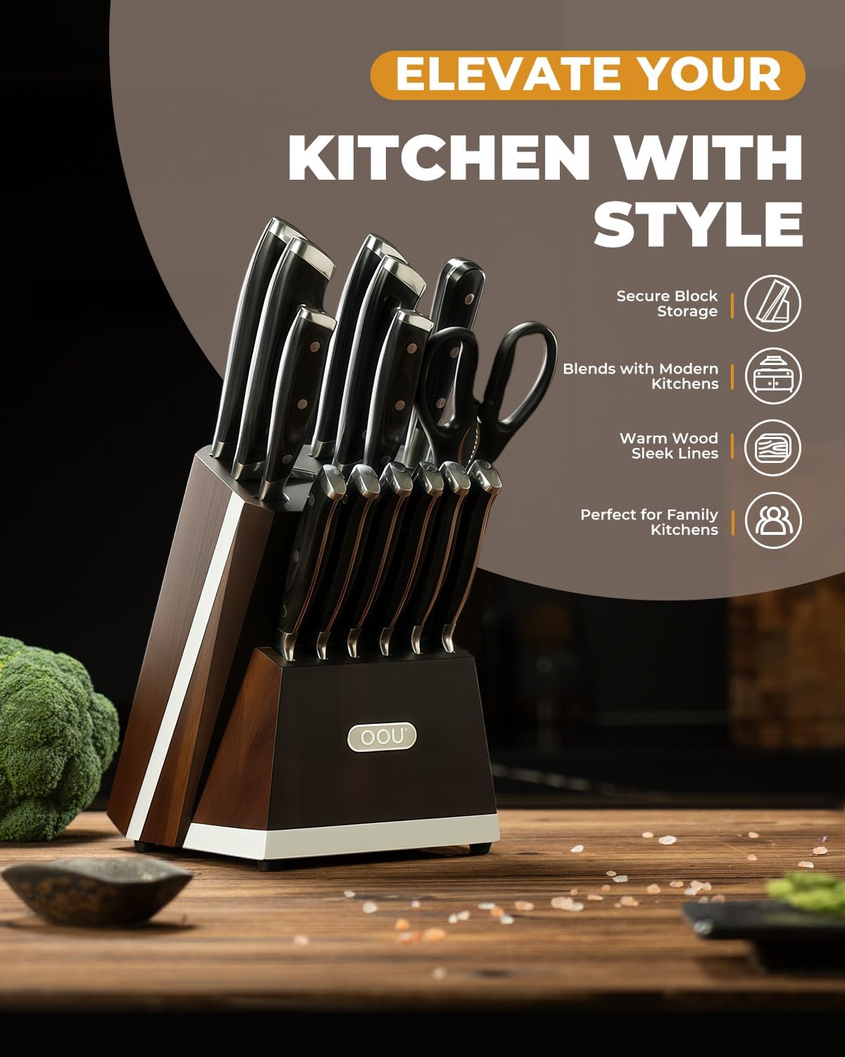 2025 Kitchen Knife Set with Block, 15-Piece German Stainless Steel Knife Blcok Set with Sharpening Rod, Ergonomic Wood Handle,Premium Razor-Sharp Knives Set for Kitchen