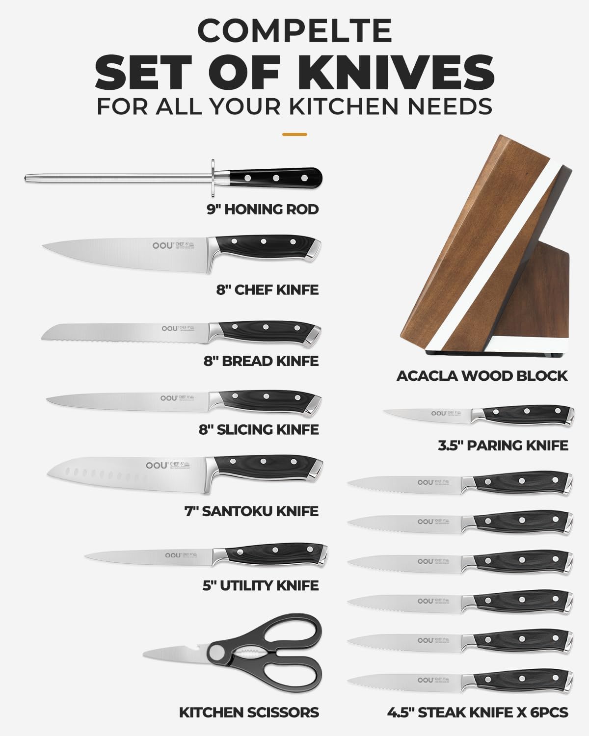 2025 Kitchen Knife Set with Block, 15-Piece German Stainless Steel Knife Blcok Set with Sharpening Rod, Ergonomic Wood Handle,Premium Razor-Sharp Knives Set for Kitchen