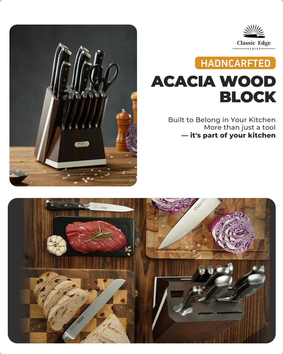 2025 Kitchen Knife Set with Block, 15-Piece German Stainless Steel Knife Blcok Set with Sharpening Rod, Ergonomic Wood Handle,Premium Razor-Sharp Knives Set for Kitchen