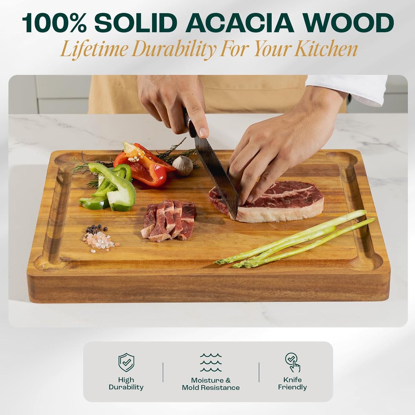 Durable Acacia Cutting Boards for Kitchen, [17''Lx13''Wx1.5” Thick] Medium Edge Grain Cutting Board, Pre Oiled Wood Cutting Boards, Thick Chopping Board w/Juice Grooves and Easy Grip Handle