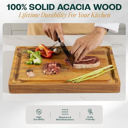 Durable Acacia Cutting Boards for Kitchen, [17''Lx13''Wx1.5” Thick] Medium Edge Grain Cutting Board, Pre Oiled Wood Cutting Boards, Thick Chopping Board w/Juice Grooves and Easy Grip Handle