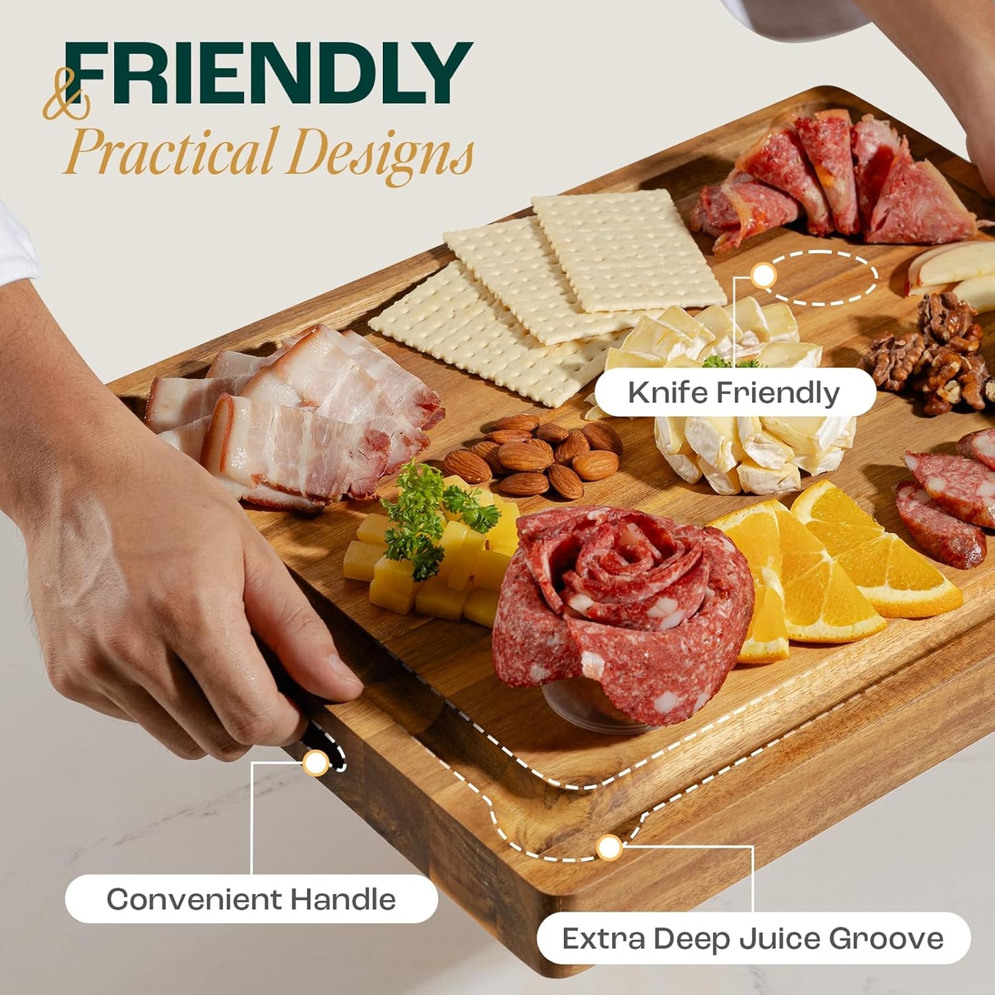 Durable Acacia Cutting Boards for Kitchen, [17''Lx13''Wx1.5” Thick] Medium Edge Grain Cutting Board, Pre Oiled Wood Cutting Boards, Thick Chopping Board w/Juice Grooves and Easy Grip Handle