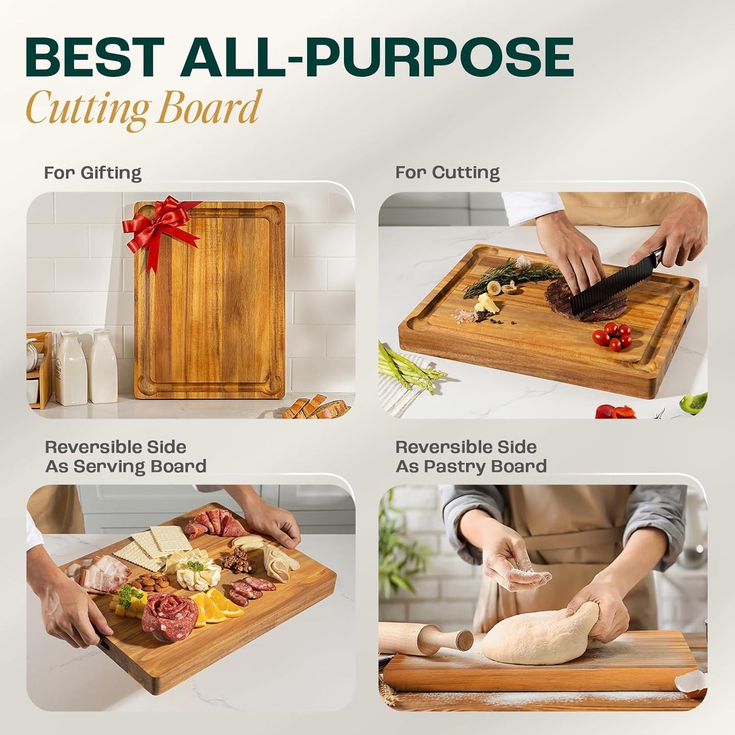 Durable Acacia Cutting Boards for Kitchen, [17''Lx13''Wx1.5” Thick] Medium Edge Grain Cutting Board, Pre Oiled Wood Cutting Boards, Thick Chopping Board w/Juice Grooves and Easy Grip Handle