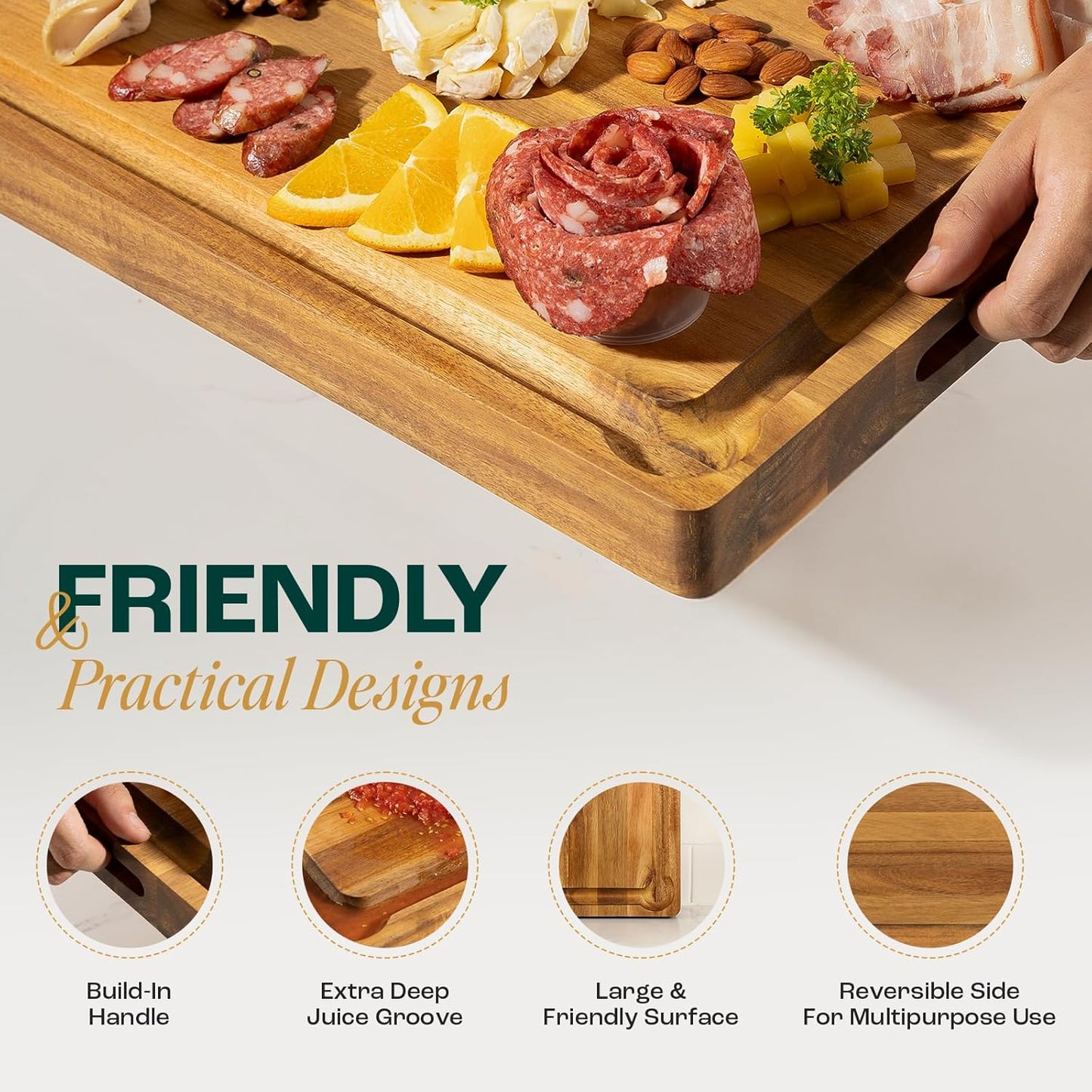 Durable Acacia Cutting Boards for Kitchen, [17''Lx13''Wx1.5” Thick] Medium Edge Grain Cutting Board, Pre Oiled Wood Cutting Boards, Thick Chopping Board w/Juice Grooves and Easy Grip Handle