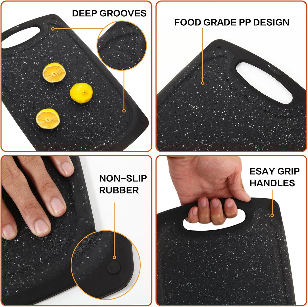 Cutting Board, Set of 3 Kitchen Plastic Chopping Boards Non-Slip Cutting Boards with Grip Handle Juice Grooves Grinding Groove Large Chopping Boards for Meat Vegetables Fruits.