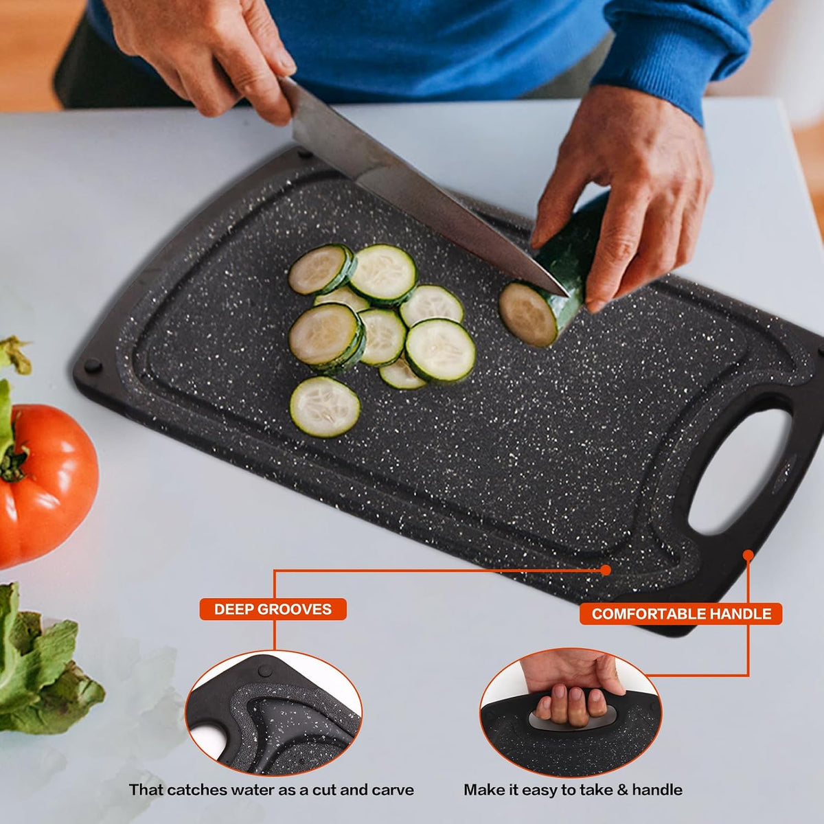 Cutting Board, Set of 3 Kitchen Plastic Chopping Boards Non-Slip Cutting Boards with Grip Handle Juice Grooves Grinding Groove Large Chopping Boards for Meat Vegetables Fruits.